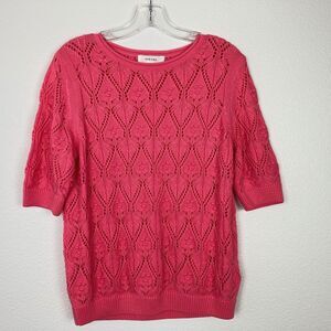 M&S Per Una Open Knit Sweater Women's US S UK M Pink Coral Cotton Short Sleeves